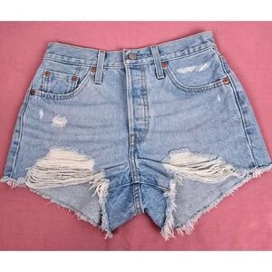 Y2K Levi Strauss 501 Denim Shorty Short Light Distressed Cut Off Frayed Waist 25